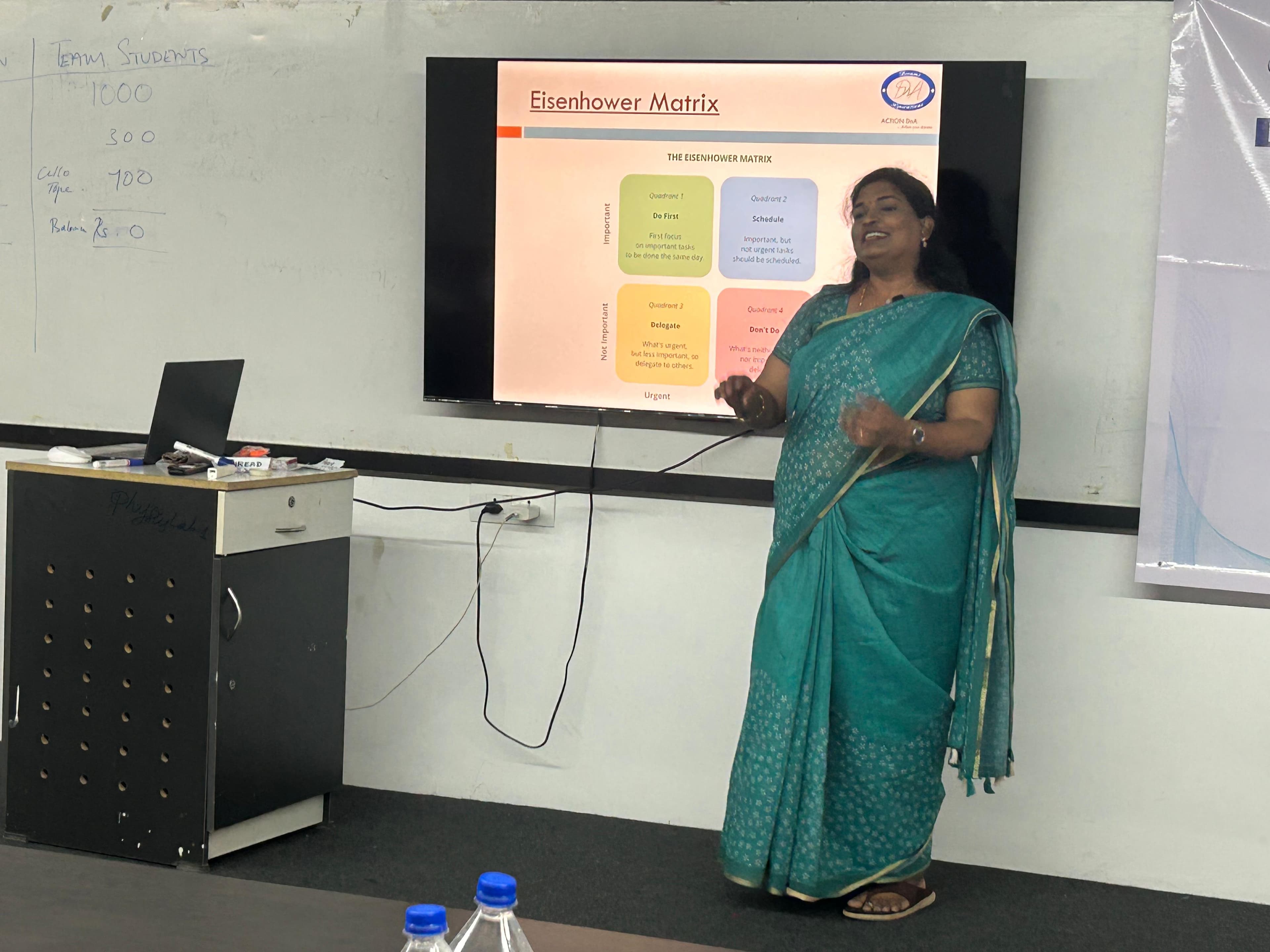Trainer presenting the Eisenhower Matrix during a corporate time-management session