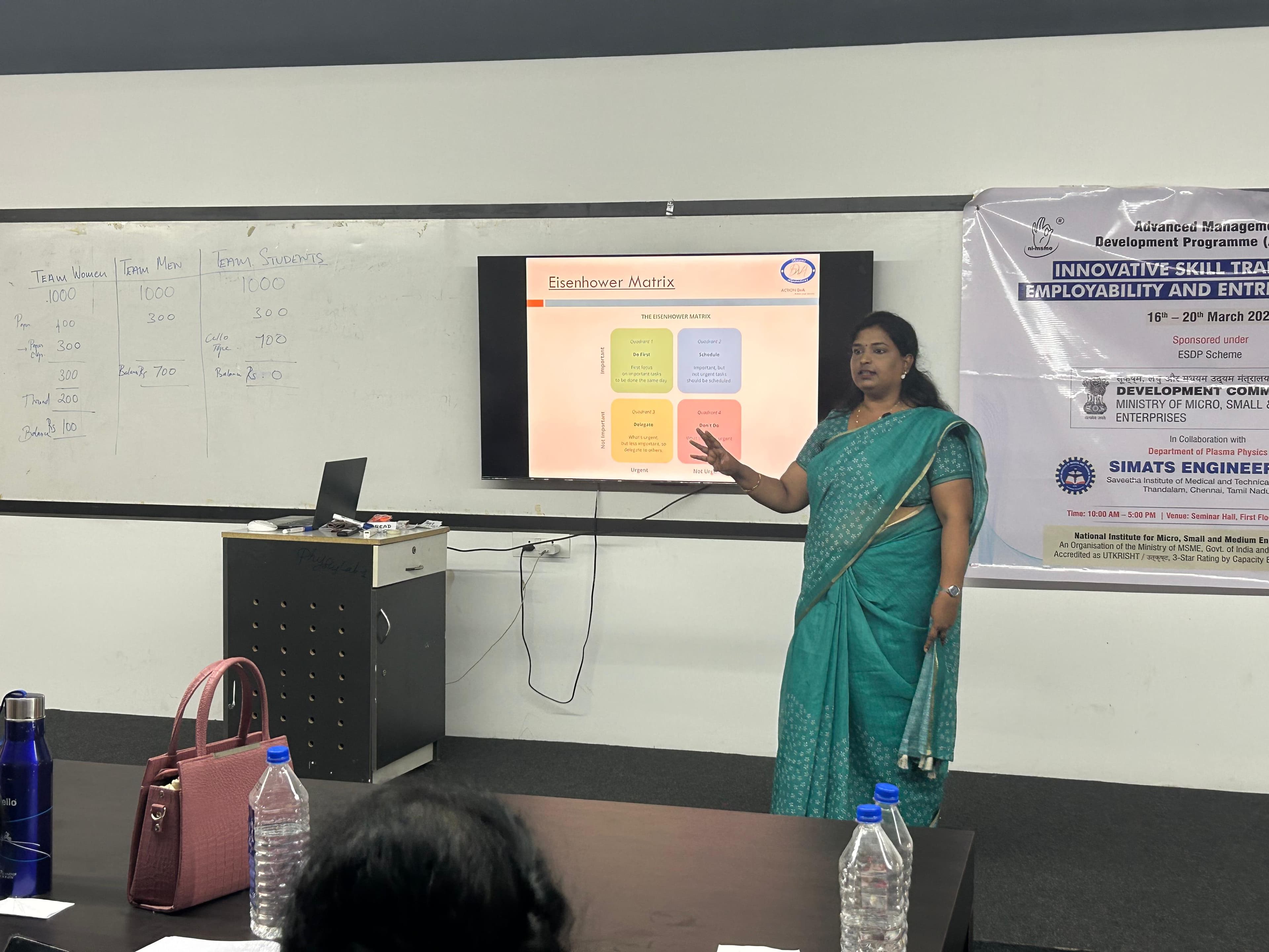 Trainer presenting the Eisenhower Matrix during a corporate time-management session