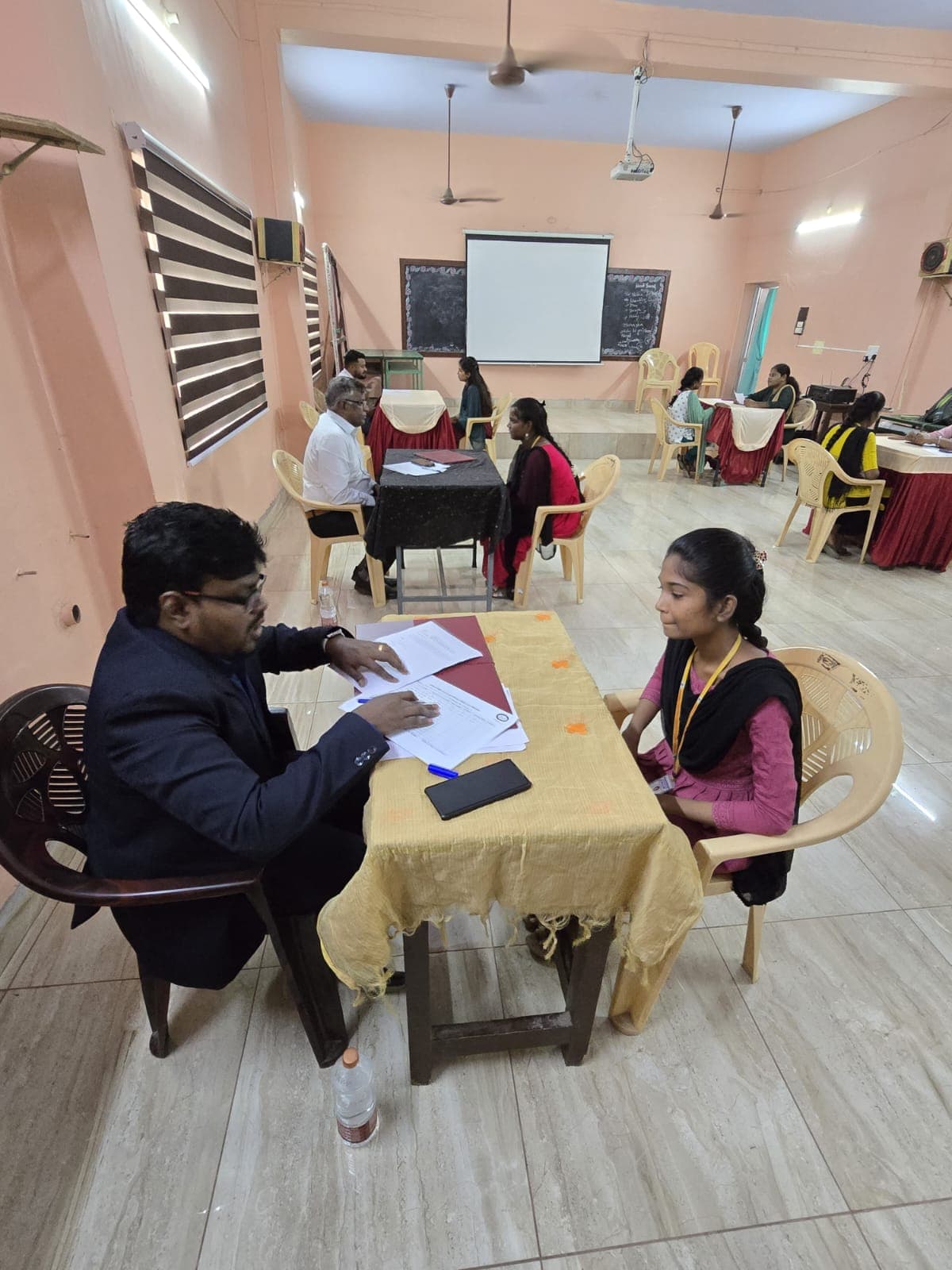 One-on-one mock interview session at a college placement drive