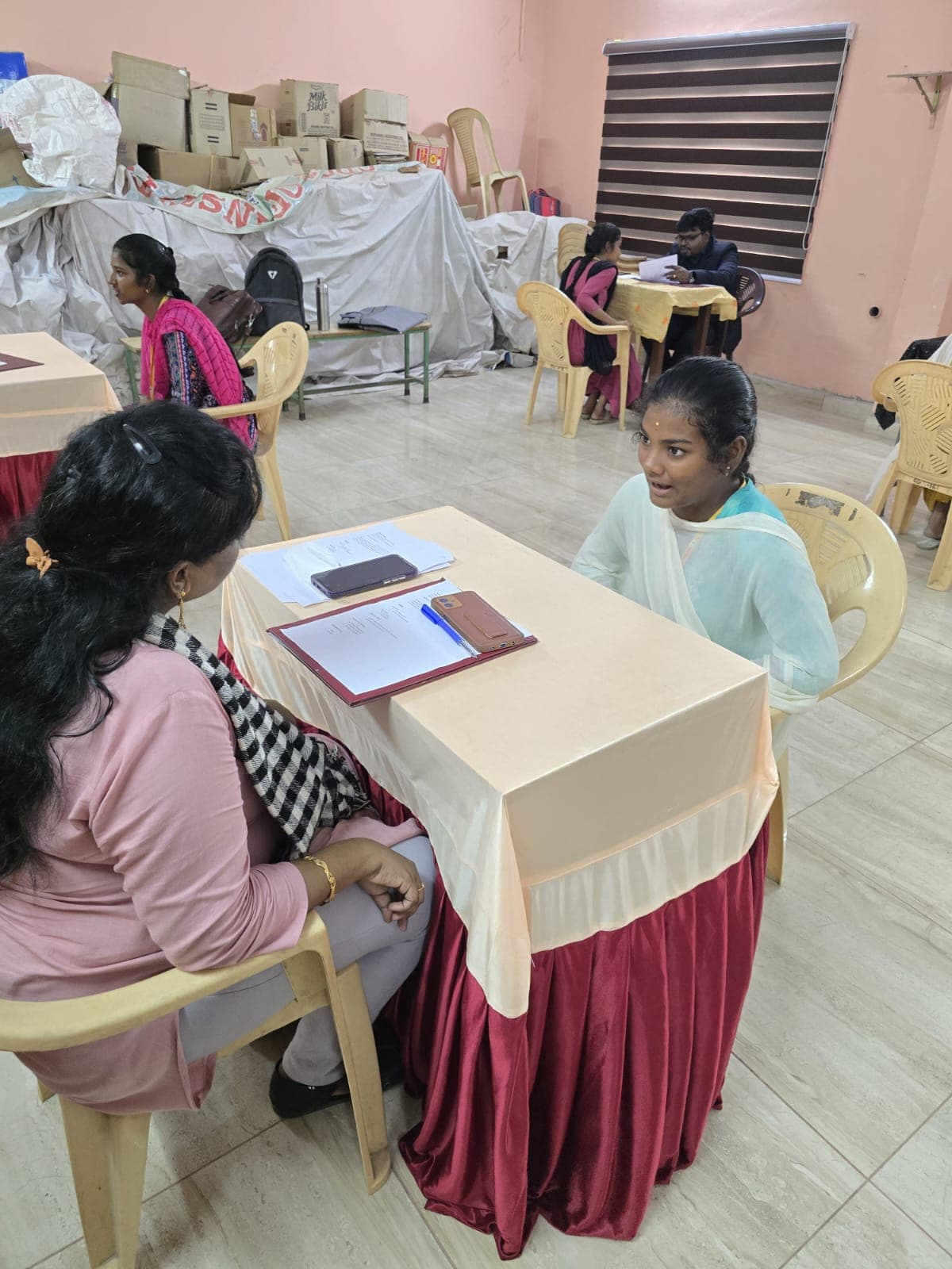 One-on-one mock interview session at a college placement drive