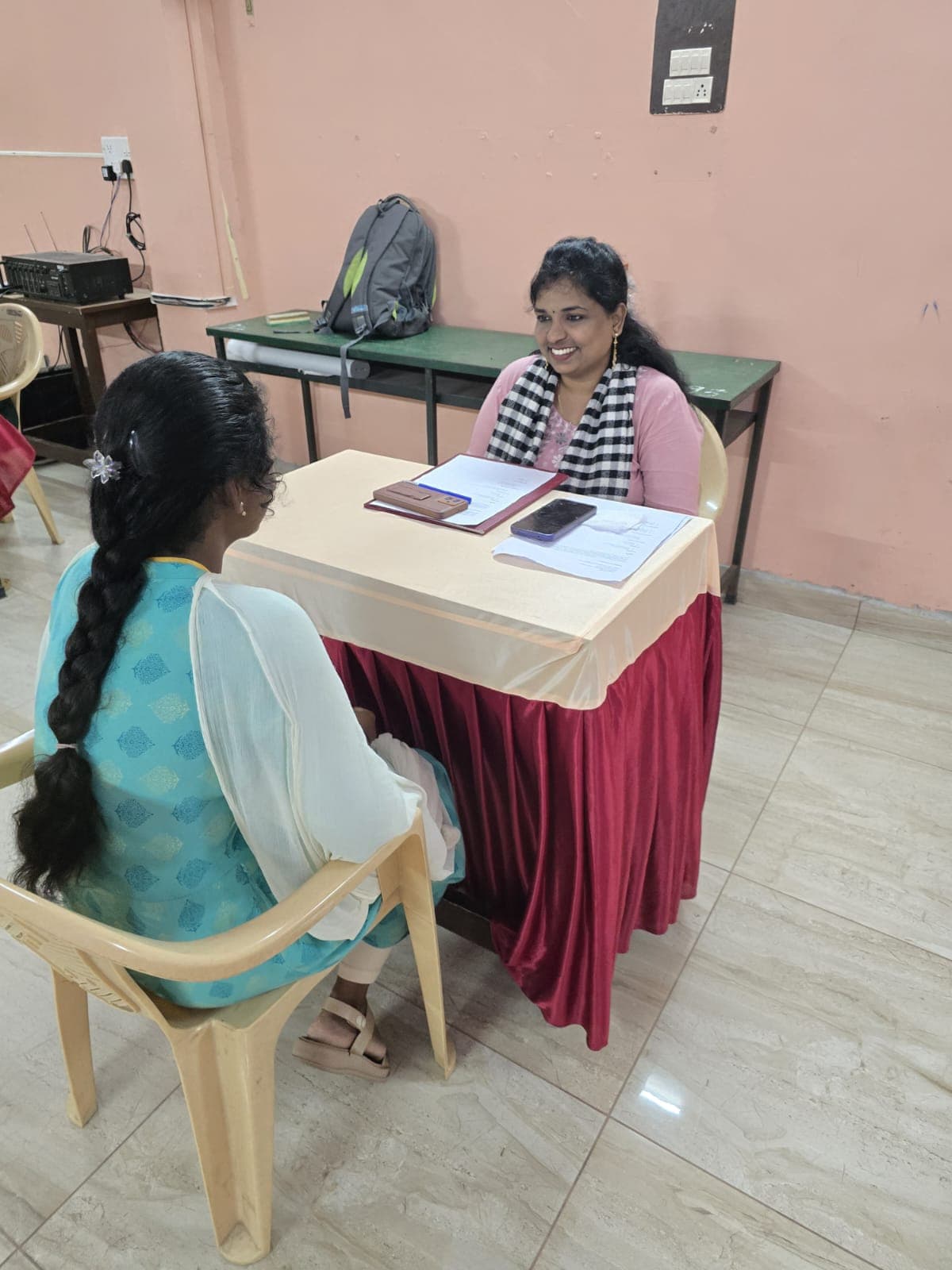 One-on-one mock interview session at a college placement drive