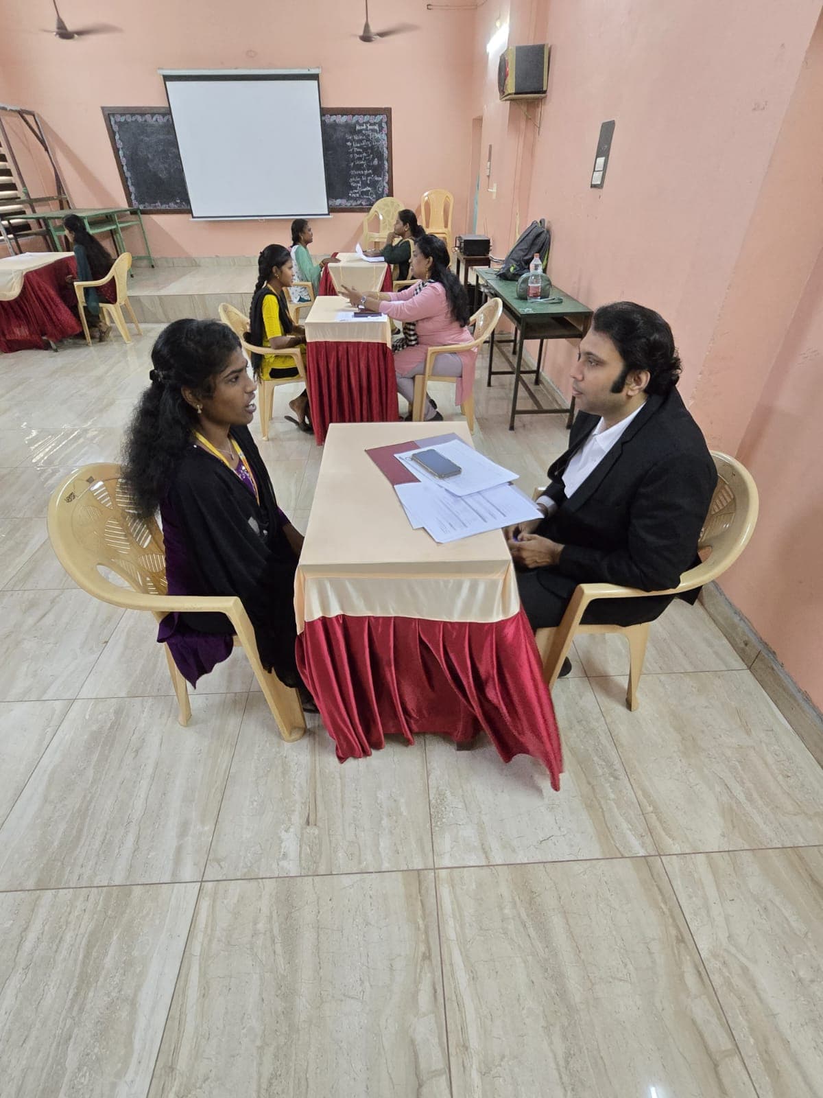 One-on-one mock interview session at a college placement drive