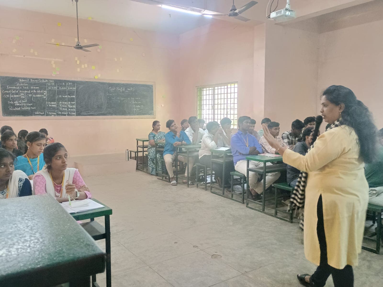 Facilitator addressing a full classroom of college students