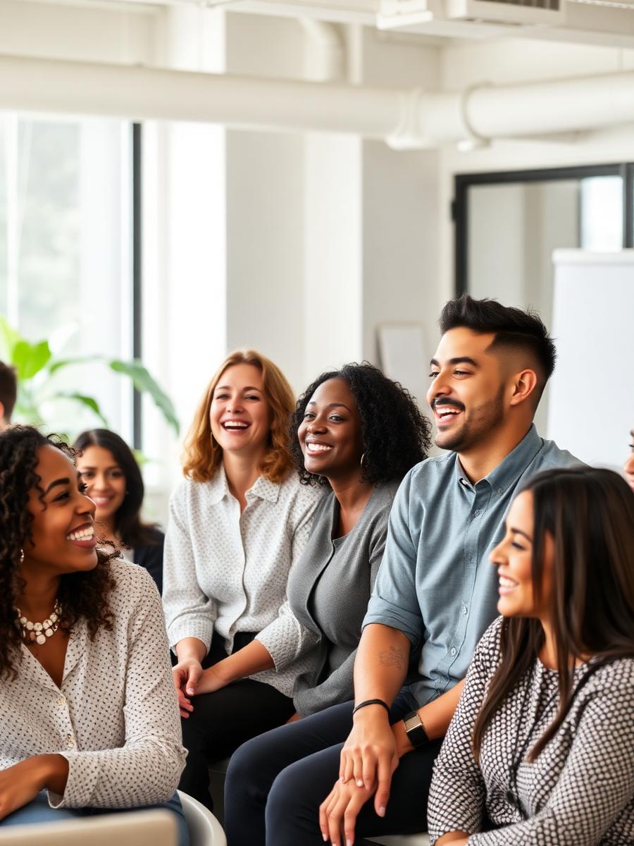 Diverse participants laughing during leadership session
