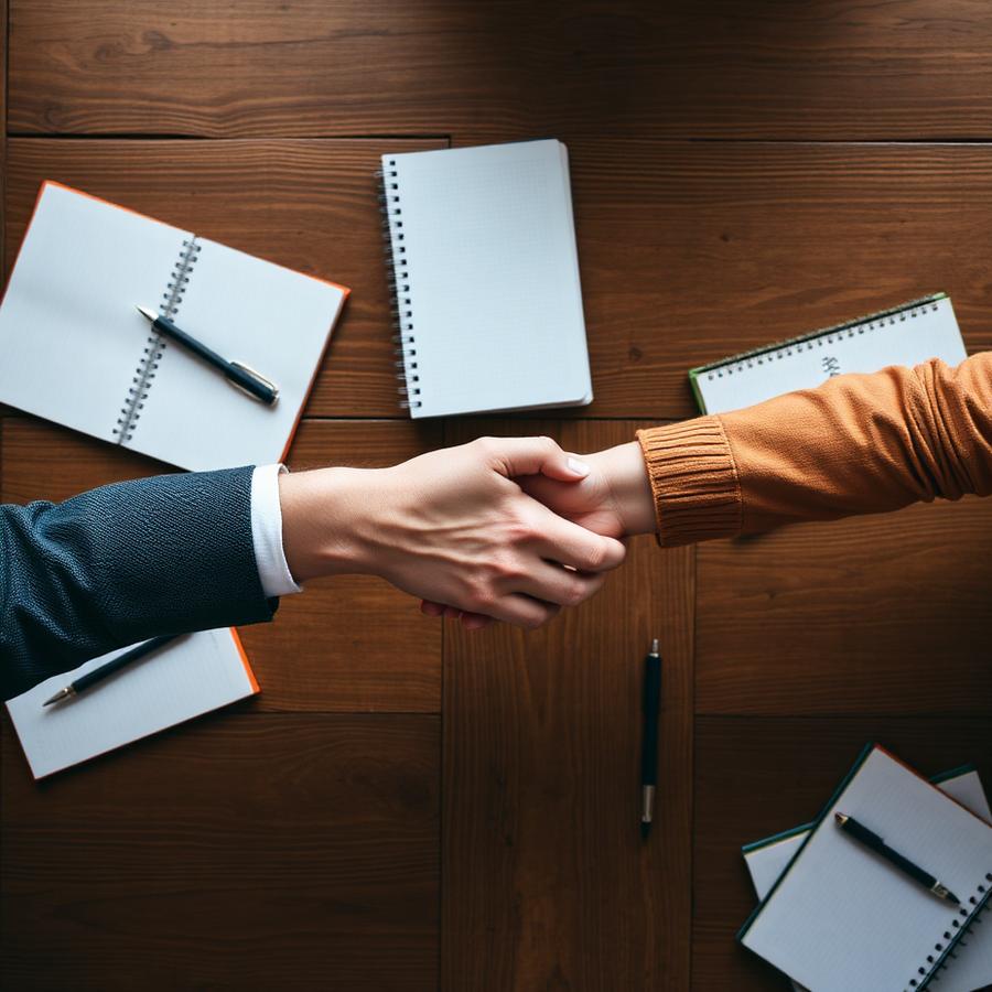 Handshake across a workshop table