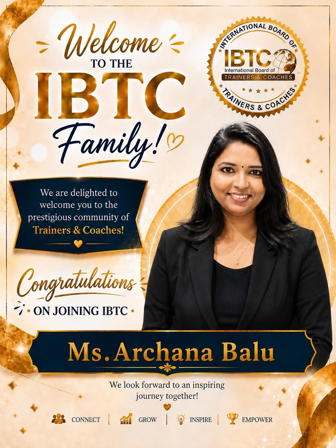 Welcome poster: Archana Balu, IBTC Certified Trainer & Coach at Arise Masters